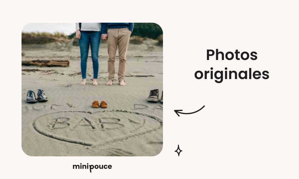 Annonce de naissance bébé avec photo originale sur la plage, idéale pour un souvenir unique et personnalisé avec texte.