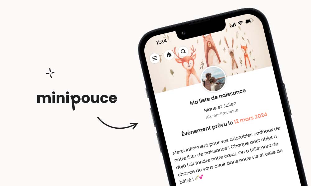 Liste de naissance en ligne personnalisée, pratique et moderne pour annoncer l'événement de la naissance de bébé avec un message et texte stylé.