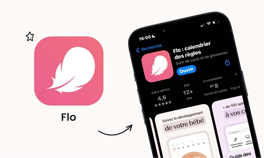 Application Flo sur fond rose avec une plume blanche. Montre le suivi de la santé féminine, de la grossesse, du développement du foetus et du suivi bébé. L'écran du smartphone affiche l'application Flo : calendrier de grossesse semaine après semaine avec une excellente évaluation de 4.6 étoiles, indiquant sa popularité et sa fiabilité dans la catégorie forme et santé. L'application, conçue pour le suivi du cycle et de la grossesse, offre des outils pratiques et un contenu personnalisé pour accompagner les futurs parents dans la gestion de leur santé et le suivi de leur grossesse.