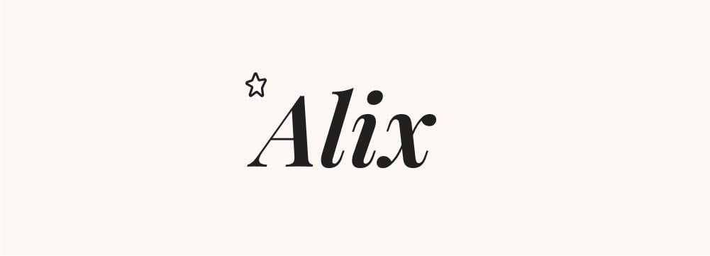 Présentation sobre et raffinée pour Alix, un prénom mixte et non genré, apprécié pour sa sonorité douce et tendance.