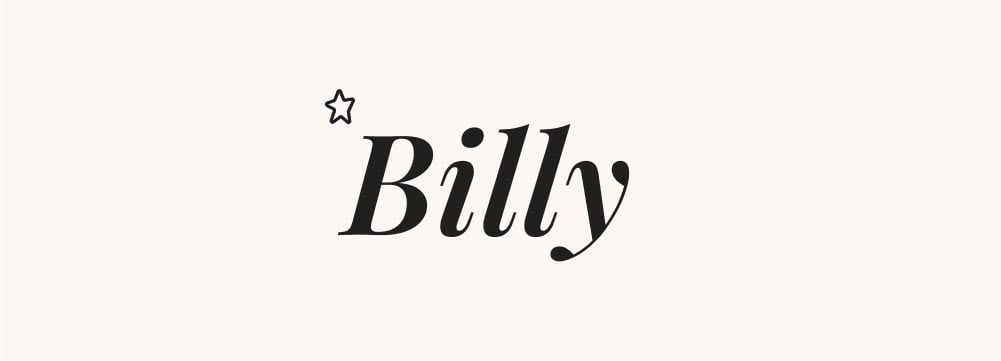 Le prénom Billy s'affiche en lettres élégantes, parfait pour un prénom mixte et court.