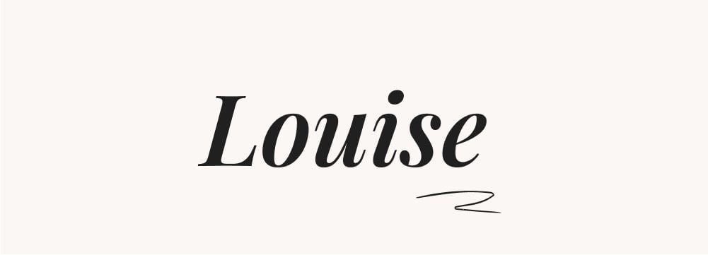 Le prénom Louise écrit en caractères noirs sur fond blanc, symbolisant l'élégance et la grâce des prénoms classiques,  prénoms traditionnels, charme du vieux monde, noms intemporels pour filles.