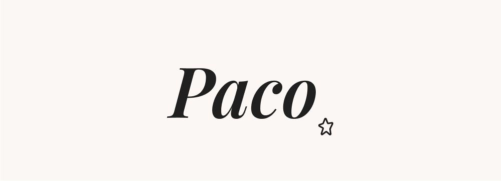 Paco est illustré en typographie audacieuse, idéal pour un prénom de garçon court d'inspiration italienne.