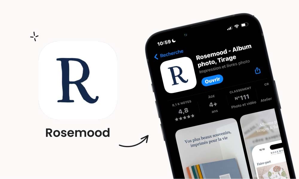 Rosemood app pour faire-part et albums photo, une des meilleures applications mobiles pour parents après la naissance, permettant de capturer et imprimer les moments précieux de bébé avec une interface intuitive.
