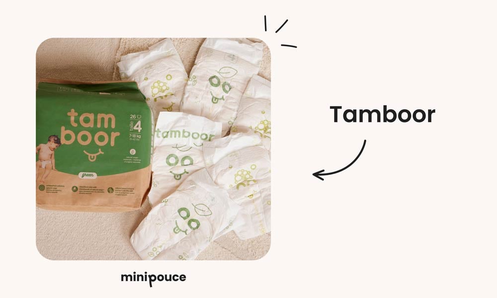 Couches Tamboor écologiques, avec packaging recyclable et motifs ludiques, offrant une solution naturelle et respectueuse pour bébé, parmi les meilleures couches bio.