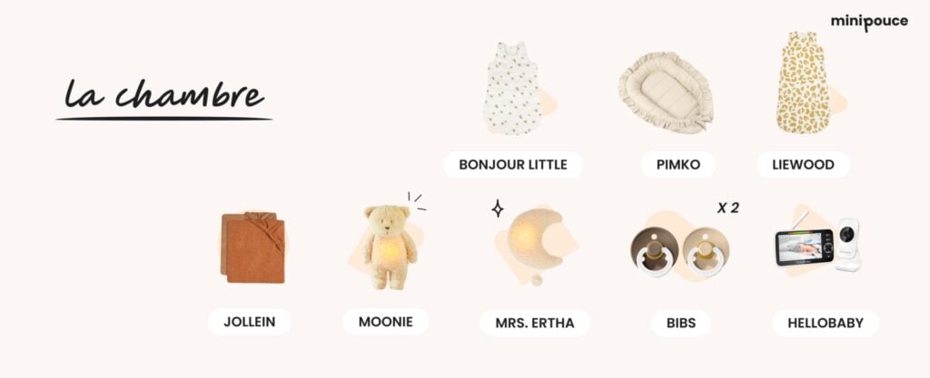 Inspiration pour aménager la chambre de bébé avec une liste de naissance incluant des produits comme des veilleuses, des gigoteuses et des lits de marques comme Bonjour Little, Moonie et Liewood.