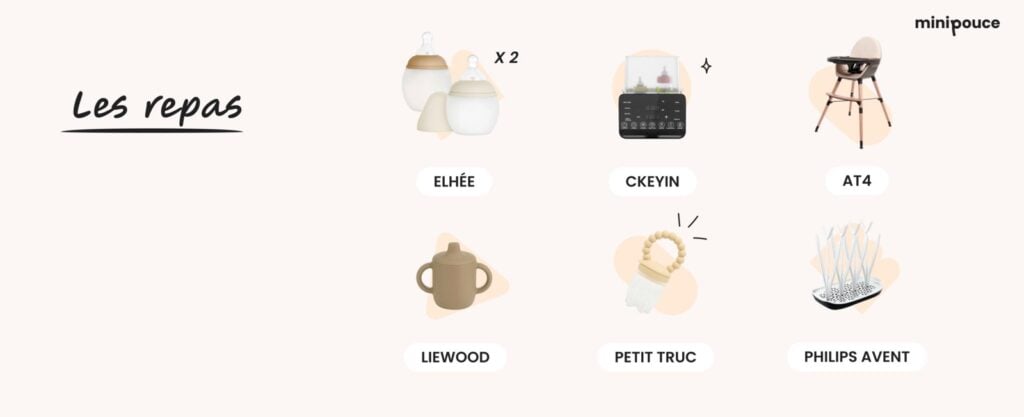 Liste de naissance pour les repas de bébé : sélection de produits comme des biberons Elhée, une chaise haute AT4 et des accessoires Liewood. Idées cadeau pour faciliter les premiers repas de bébé.