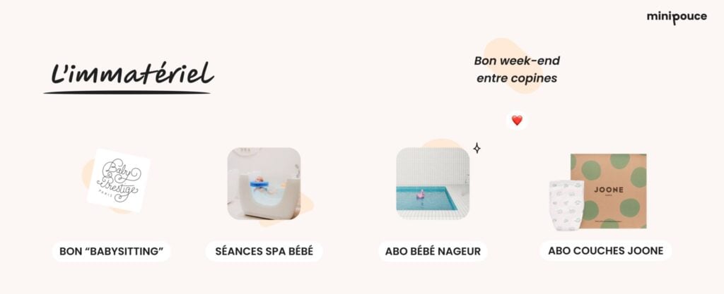 Idées cadeaux immatériels pour une liste de naissance, incluant des bons pour du babysitting, des séances de spa bébé et des abonnements aux couches Joone. Cadeaux uniques et pratiques pour les futurs parents.