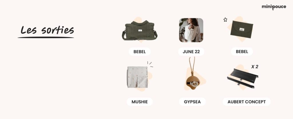 Inspiration liste de naissance : accessoires pour les sorties de bébé avec des produits de qualité comme les sacs Bebel, les écharpes June 22 et les couvertures Mushie. Idées cadeau pratique pour les sorties avec bébé.