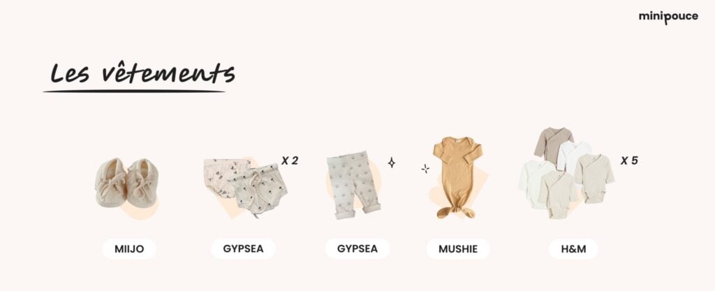 Liste de naissance minimaliste : sélection de vêtements pour bébé incluant des marques comme Gypsea, Mushie et H&M. Idées de cadeaux naissance pour habiller bébé avec style et confort.