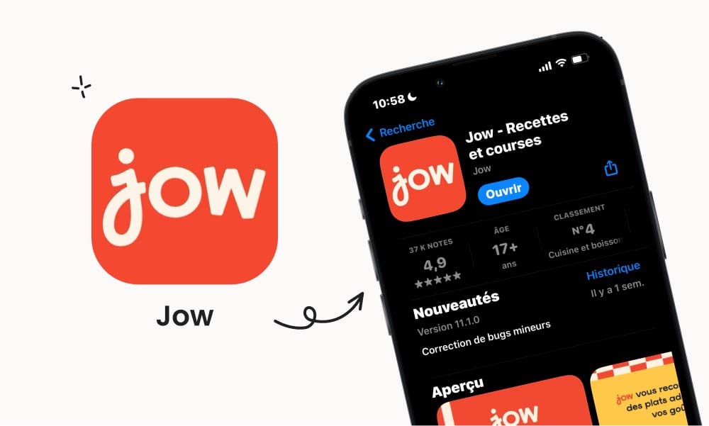Application Jow pour recettes et courses, parfaite pour les parents pressés cherchant à planifier des repas sains pour toute la famille.