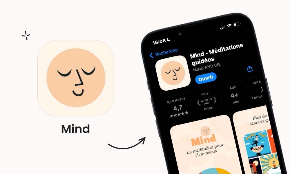 Mind app pour méditations guidées, idéale pour les parents cherchant à gérer le stress et à trouver des moments de détente avec des séances adaptées.