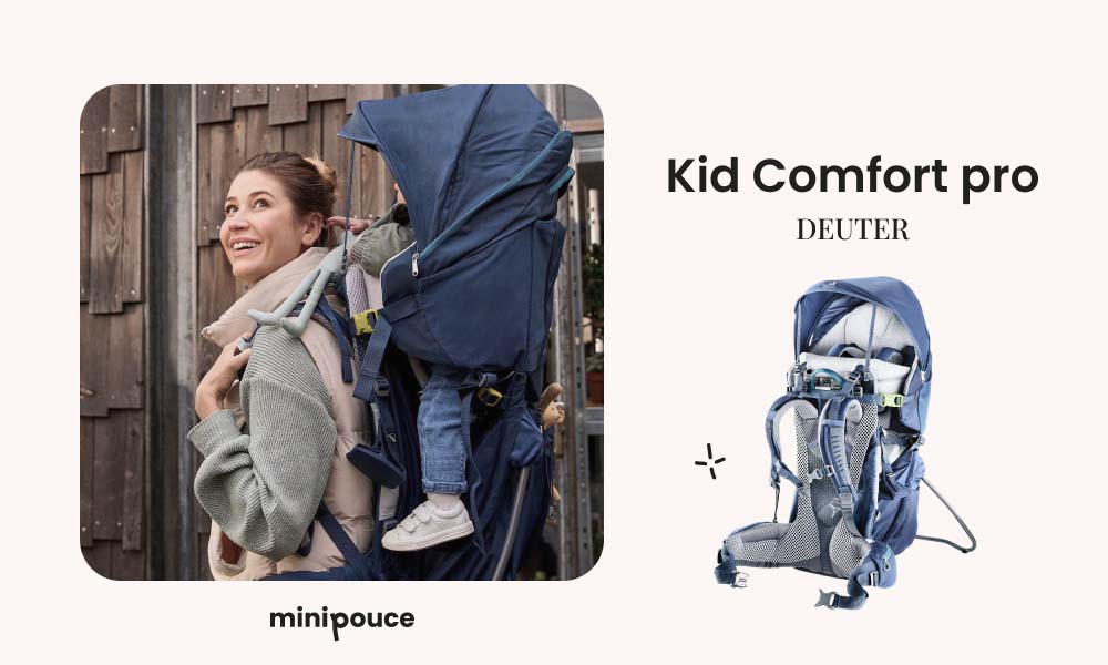 Deuter Kid Comfort Pro, comparatif porte-bébé randonnée haut de gamme pour offrir confort et sécurité à votre enfant, parfait pour les voyages avec bébé en terrain randonnée difficile.