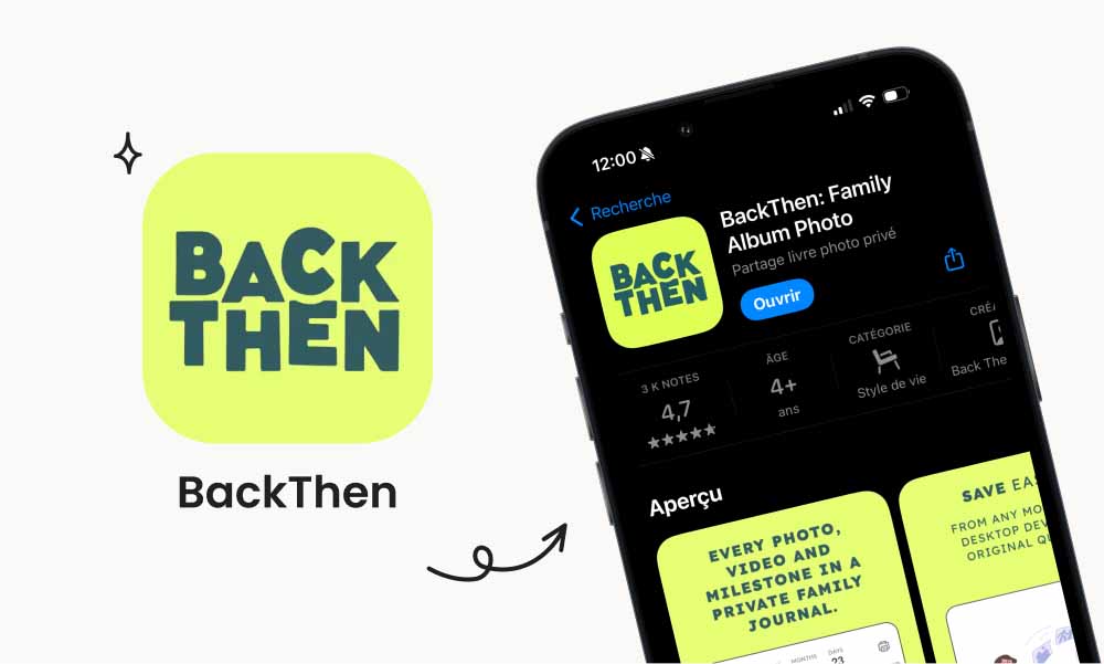Application bébé BackThen pour albums photo familiaux, parmi les meilleures apps pour parents, permettant de créer des journaux photo et vidéo personnalisés pour bébé.